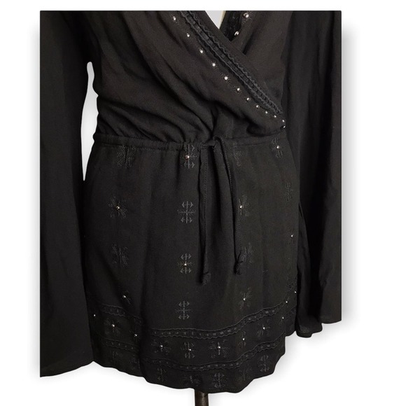 Lulu’s | NEW San Marcos Black Studded Long Sleeve Dress Boho Print & jeweled - Picture 5 of 11